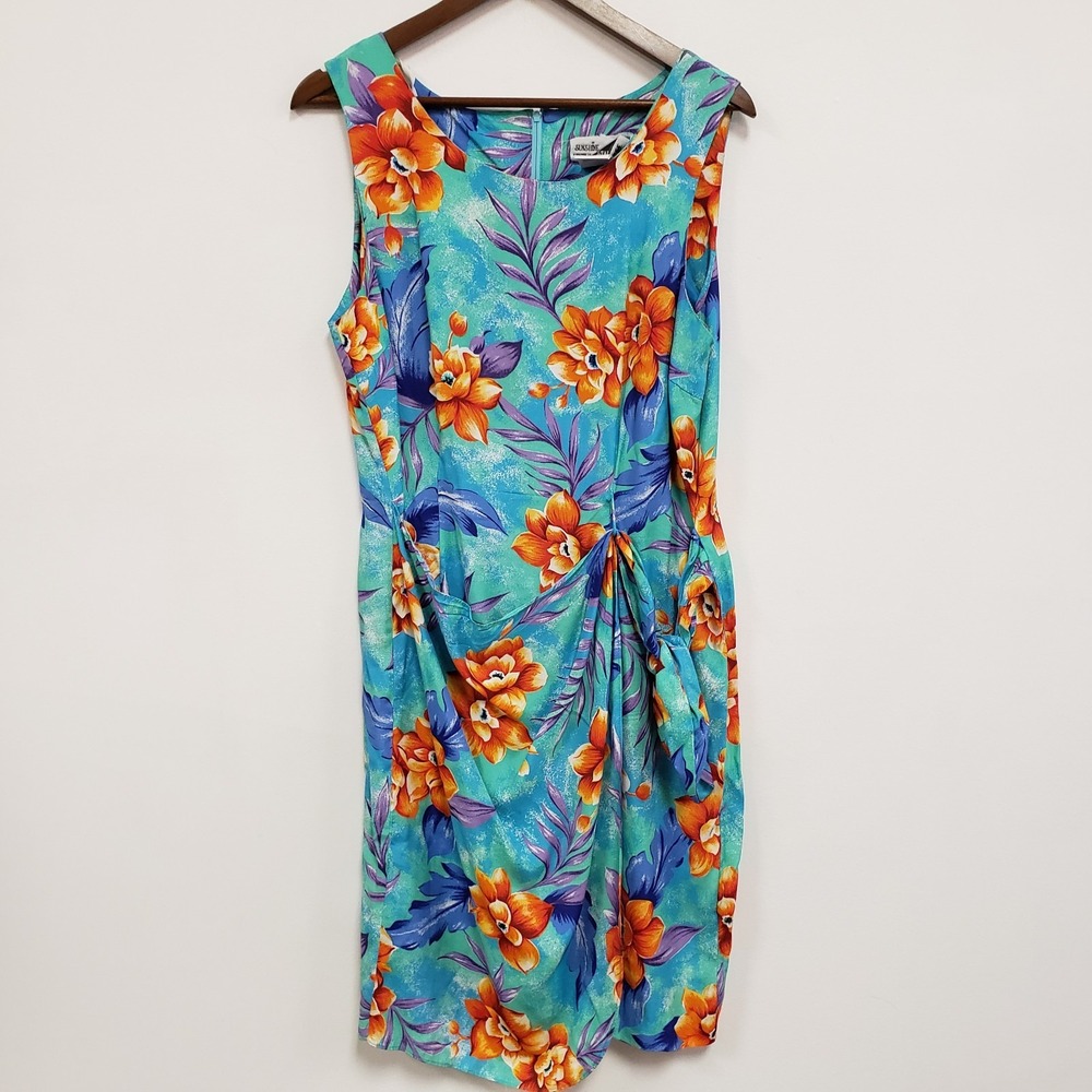 Sunshine Starshine Vtg Hawaiian Dress Size 12 Rayon Midi Ruched Sleeveless‎ Vaca